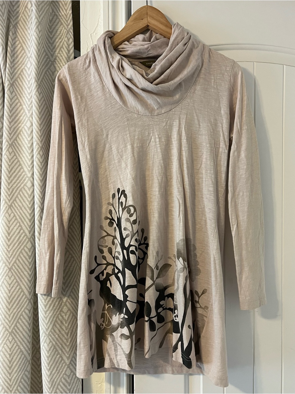 Sandwich Cowl Neck Tree-Print Long Sleeve Knit Tunic - Light Taupe